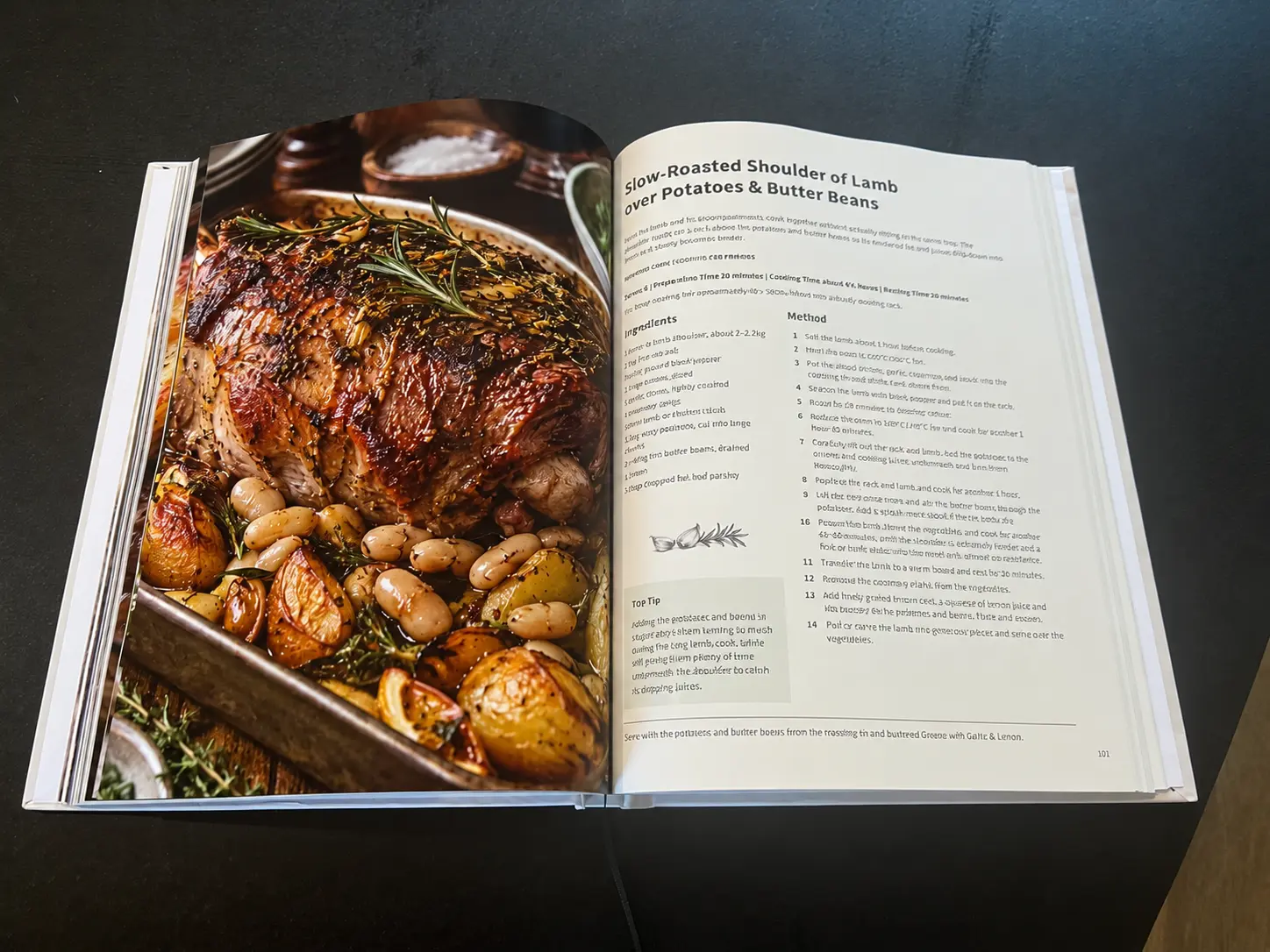 The finished Comfort Food hardback open at the Slow-Roasted Shoulder of Lamb recipe, with a full-page photograph opposite the recipe