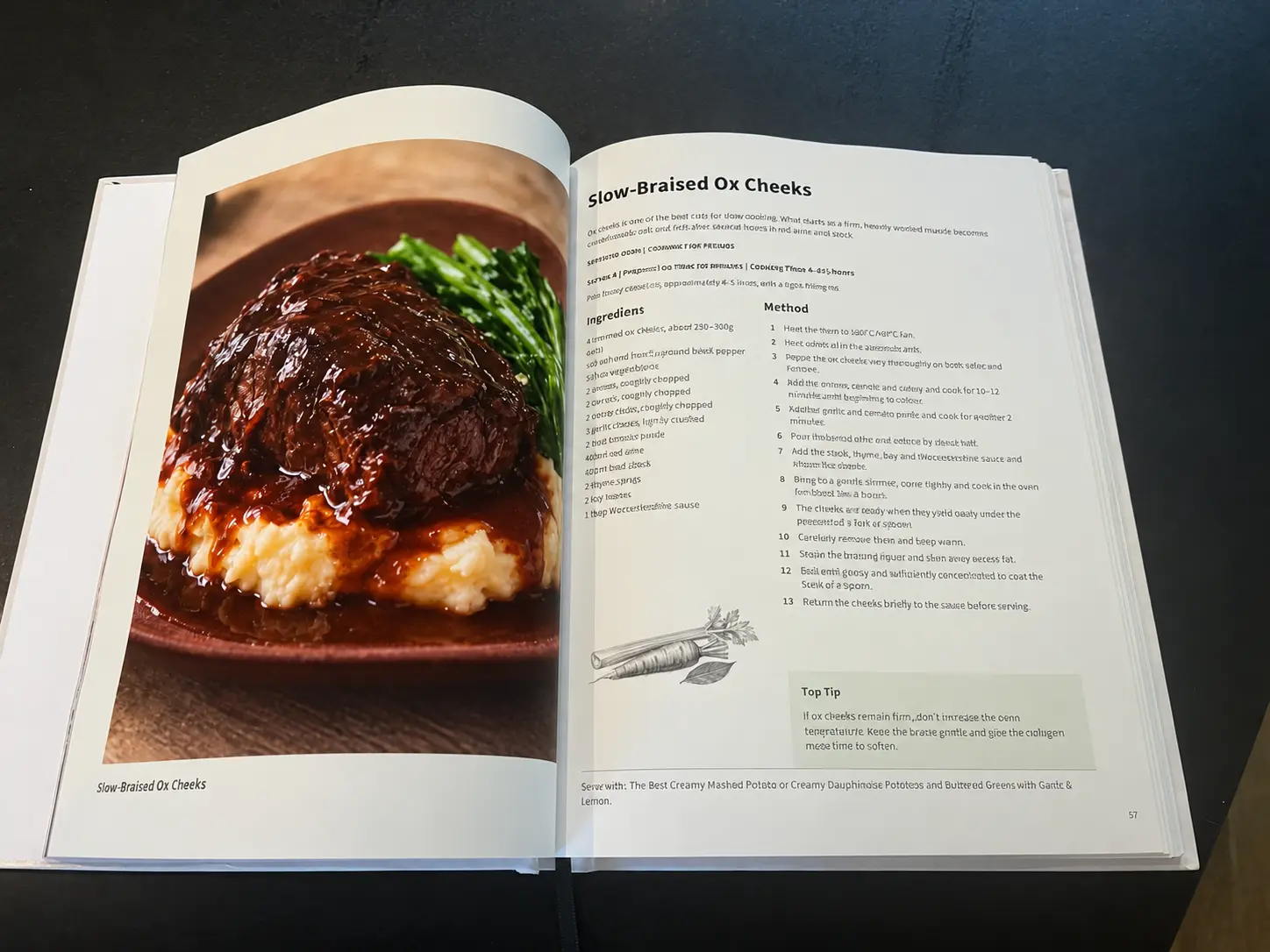 The finished Comfort Food hardback open at the Slow-Braised Ox Cheeks recipe, with a full-page photograph opposite the recipe
