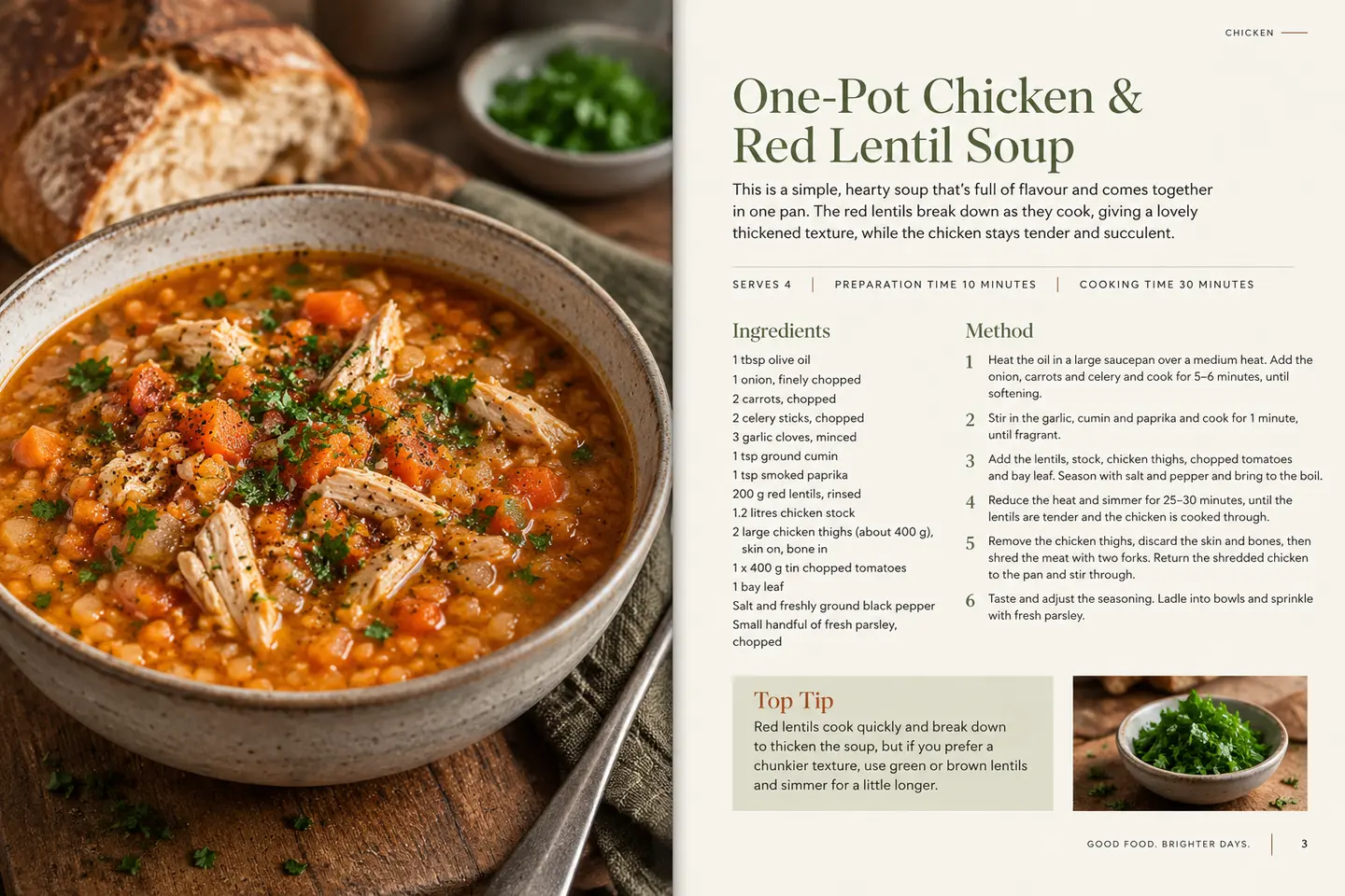 Open cookbook spread showing One-Pot Chicken and Red Lentil Soup with a full-page food photograph