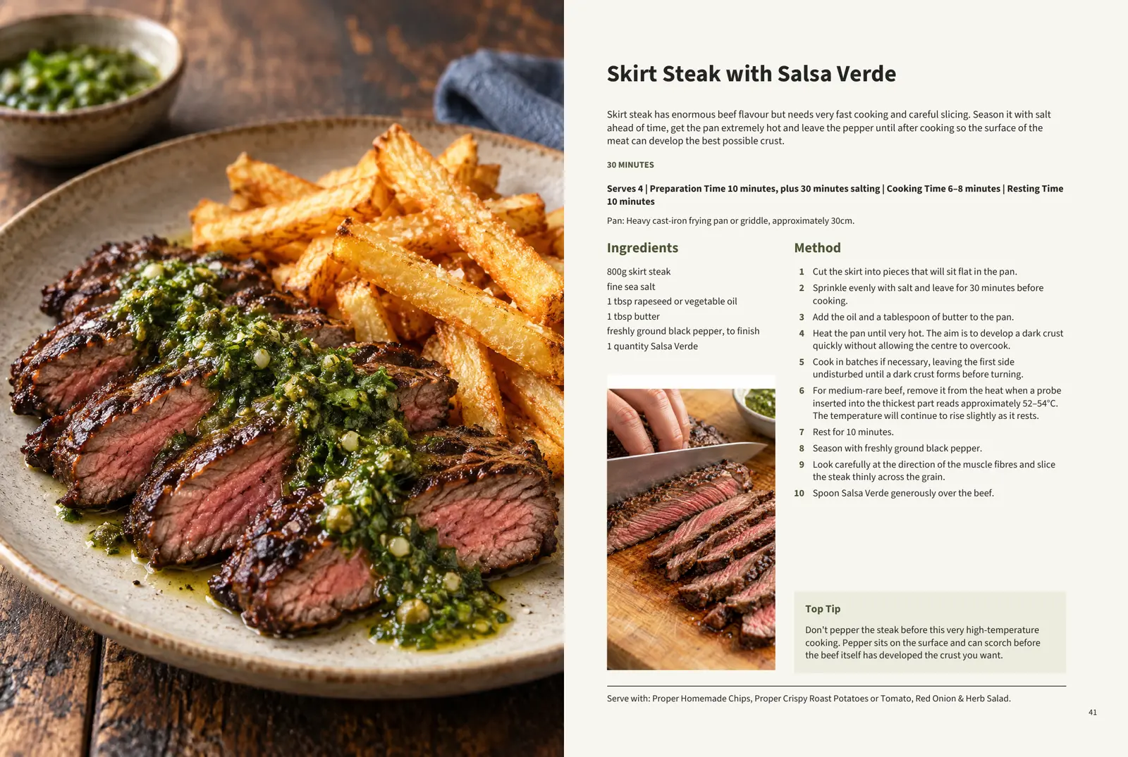 Open cookbook spread showing Skirt Steak with Salsa Verde with a full-page food photograph