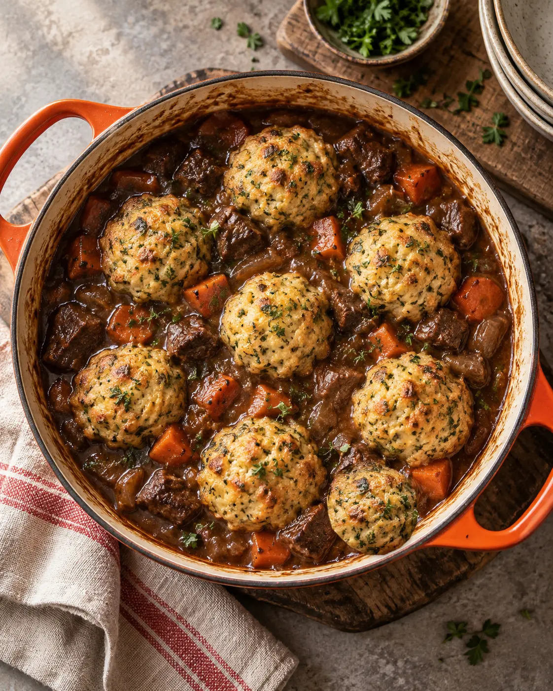 Beef and ale stew topped with eight golden herb dumplings