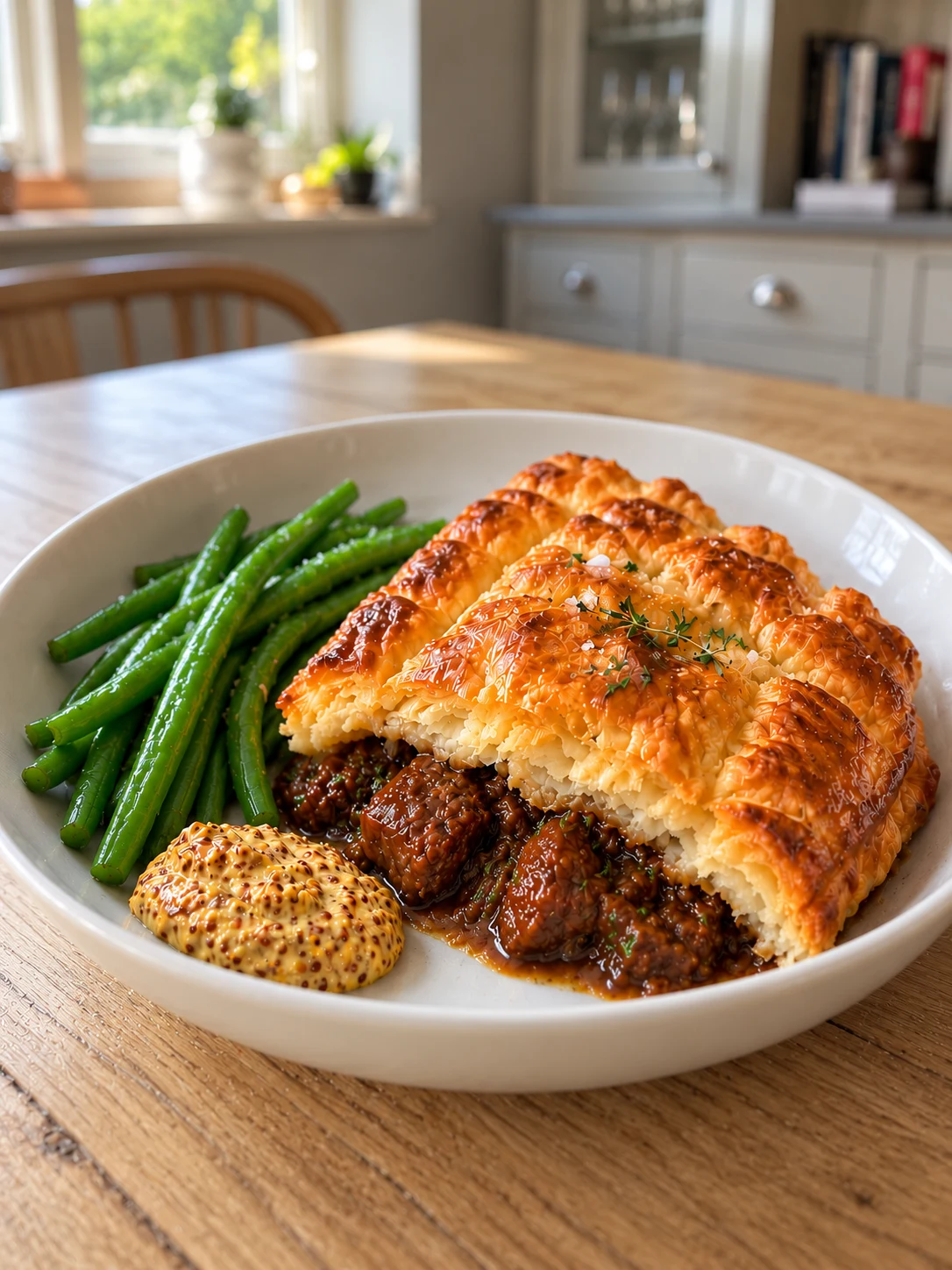 Beef and Cheddar pie with green beans and mustard in a white bowl on the wooden dining table