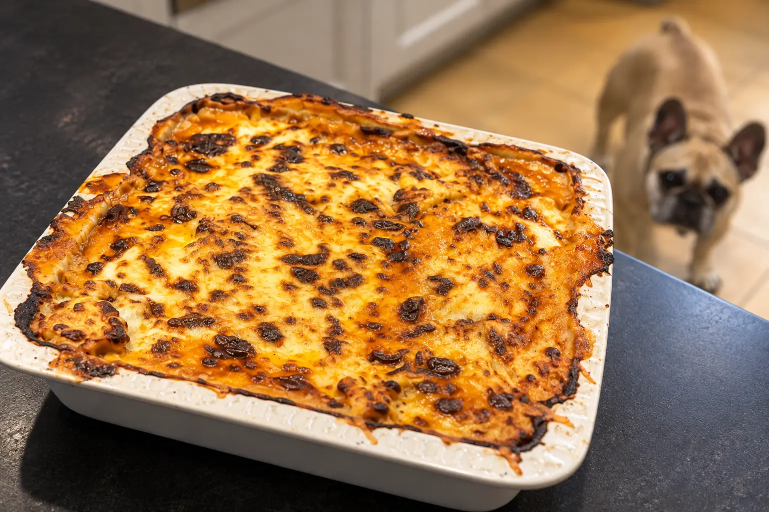 Golden-brown beef lasagne with Bruno the French bulldog waiting in the background