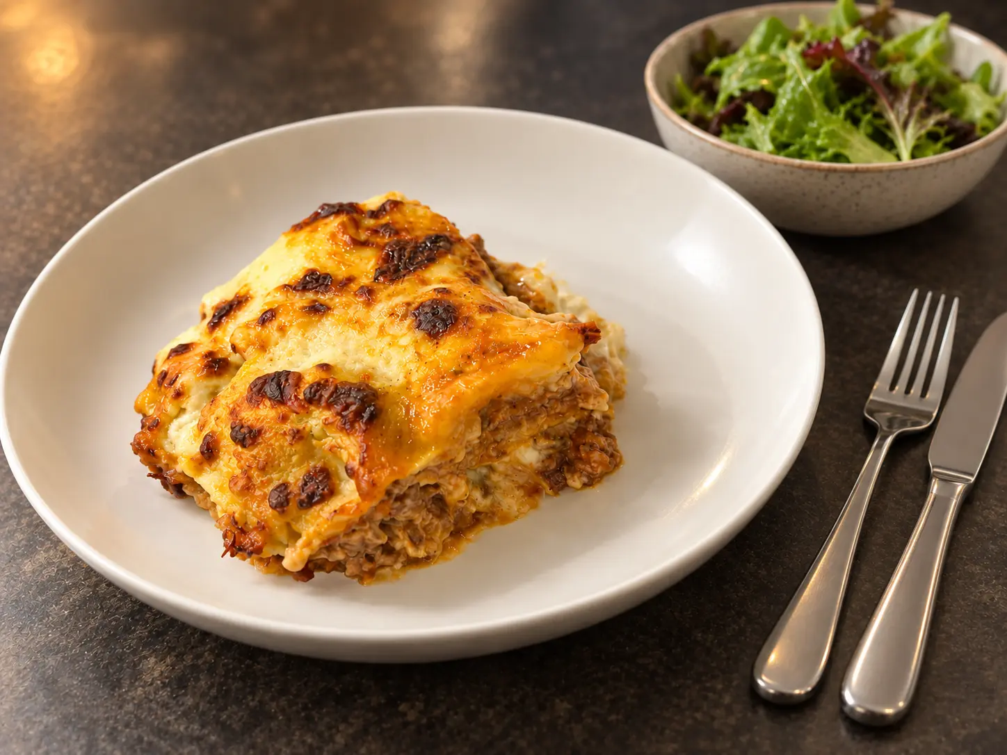 A generous slice of beef lasagne served with a green salad, knife and fork