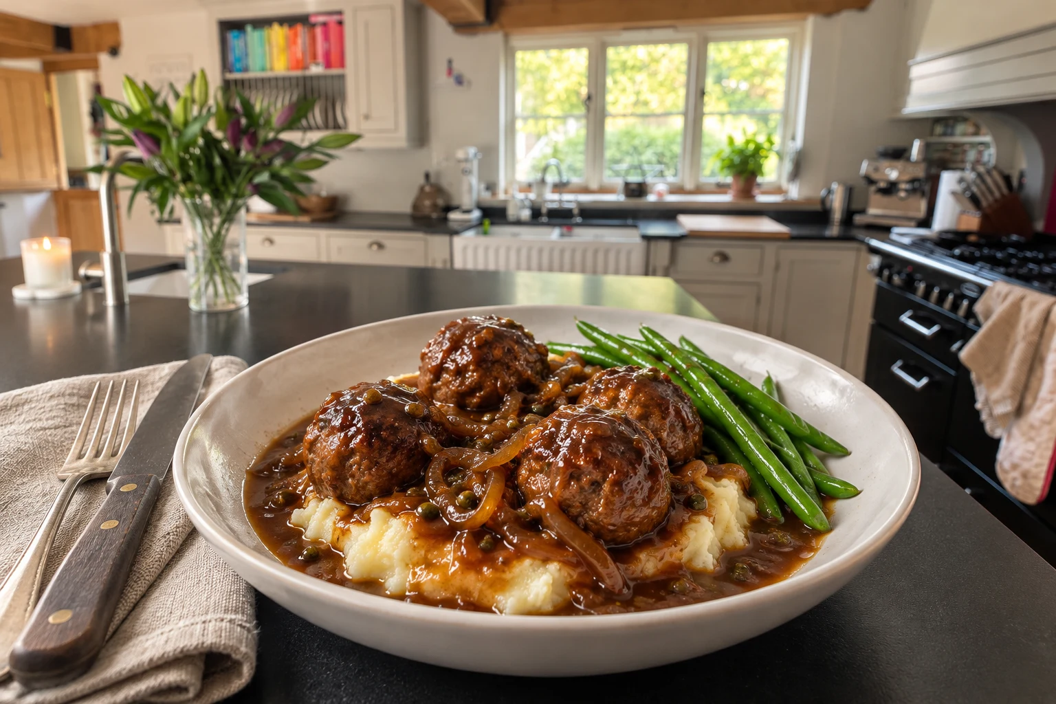 Beef meatballs with green peppercorn and onion gravy, mashed potatoes and green beans on the kitchen island, facing the sink and range.