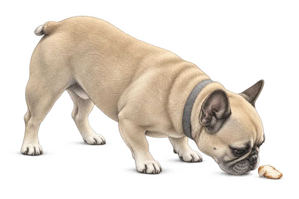Bruno sniffing a small boneless piece of cooked chicken on the floor