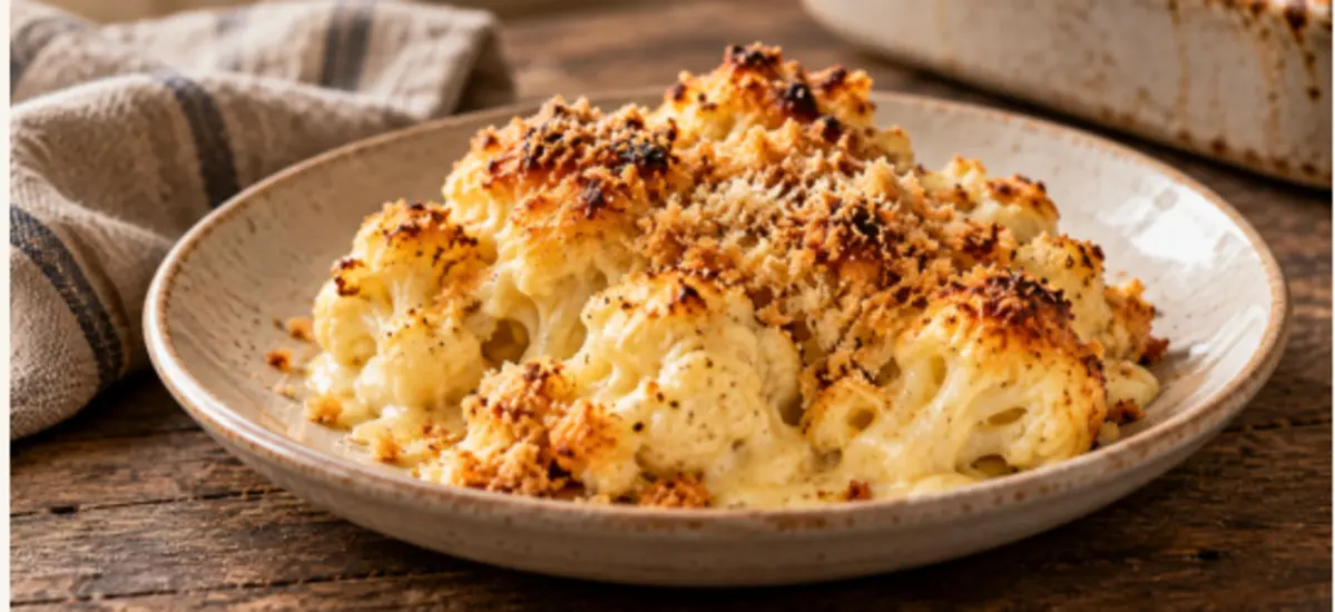 Roasted cauliflower cheese with a crisp golden breadcrumb topping
