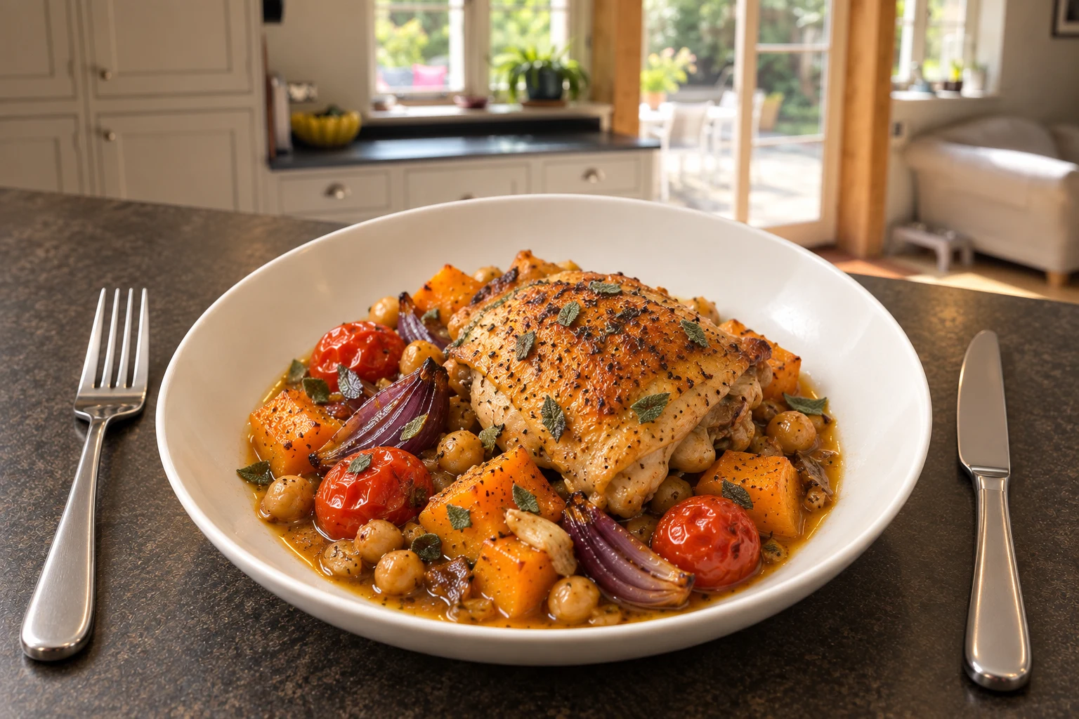 Roast chicken thigh with squash, chickpeas and tomatoes in a white bowl, with a knife and fork and the kitchen in the background