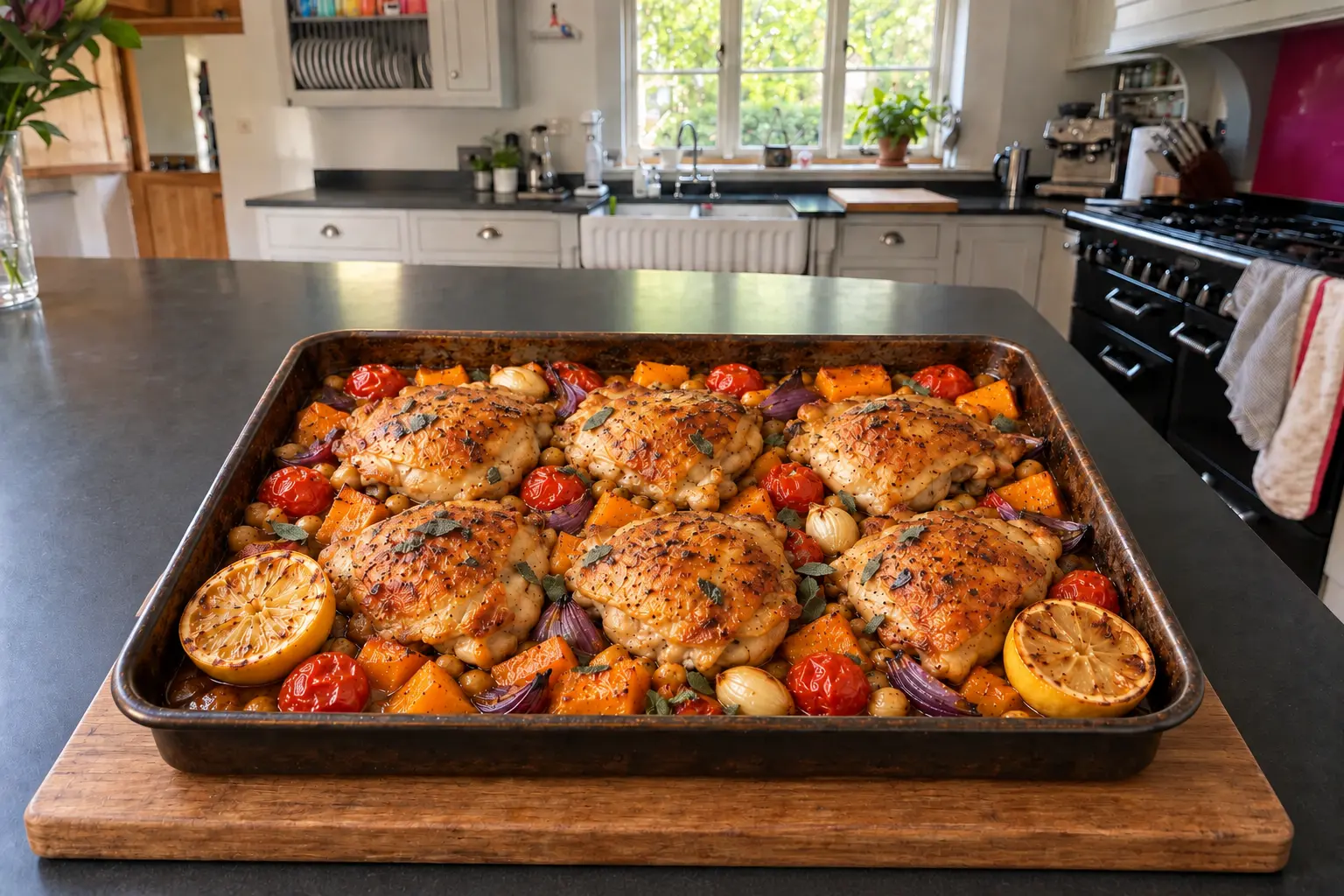 Golden chicken thighs with butternut squash, chickpeas and roasted lemon in a tin