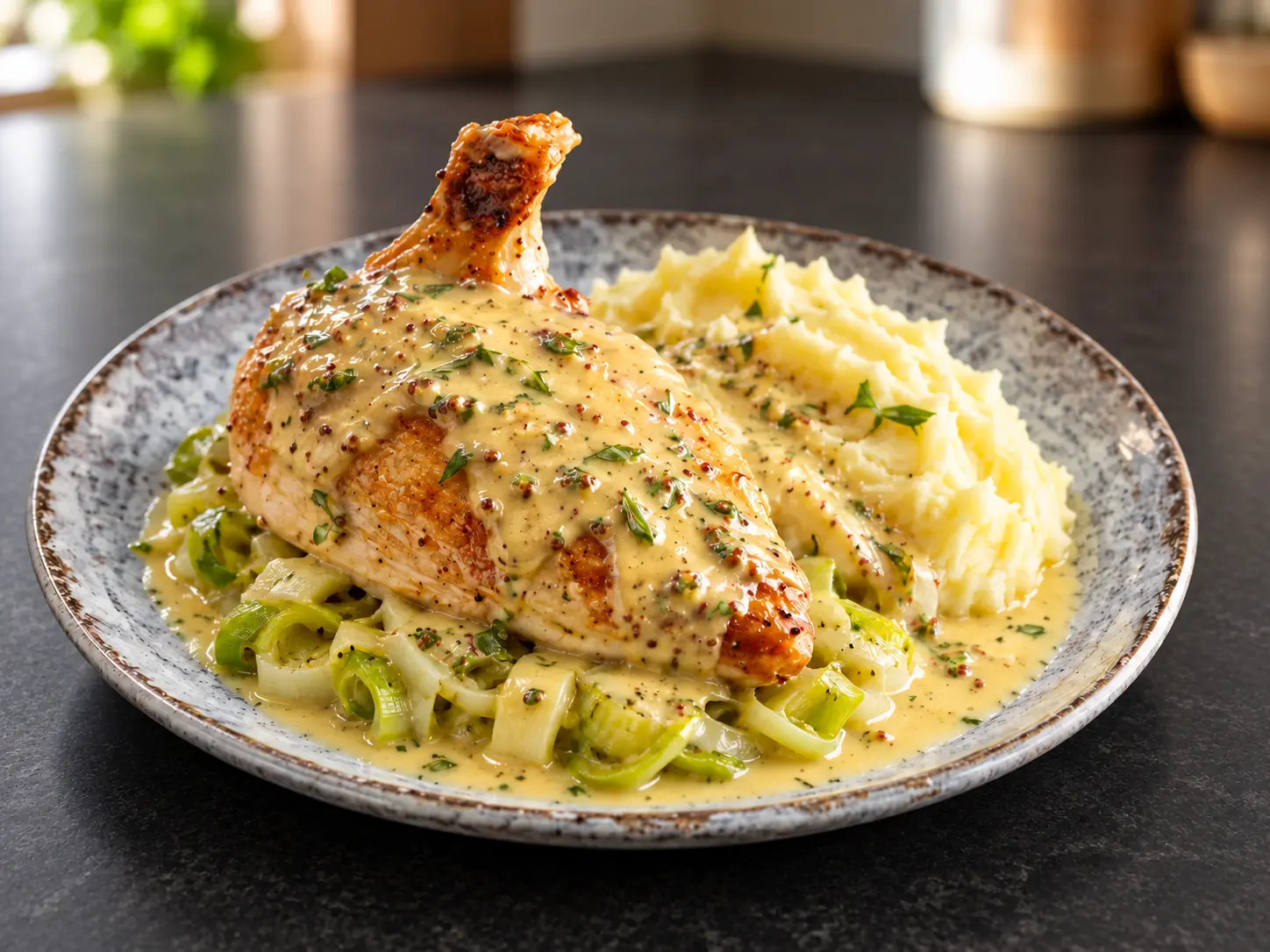 Reverse-seared chicken supreme covered with mustard and tarragon sauce, served with buttered leeks and mashed potato