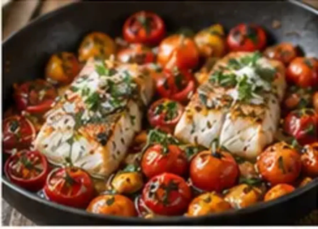 Cod fillets in a pan with tomatoes, chorizo and butter beans