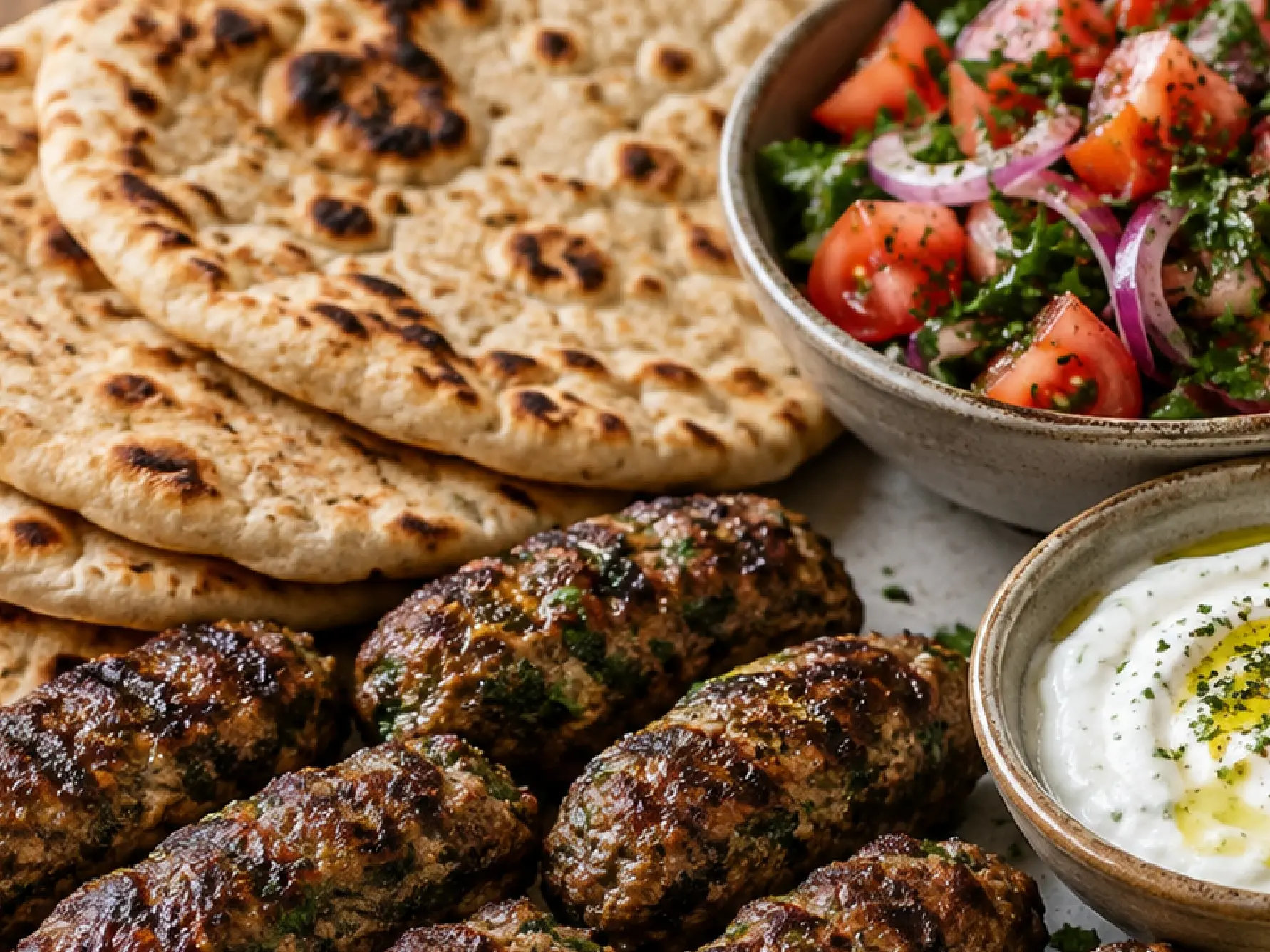 Browned lamb koftas with flatbreads, Greek yoghurt and tomato and red onion salad