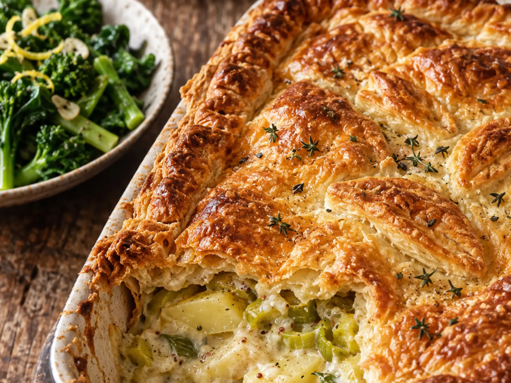 Golden puff-pastry pie filled with leeks, potatoes and mature Cheddar, served with buttered greens