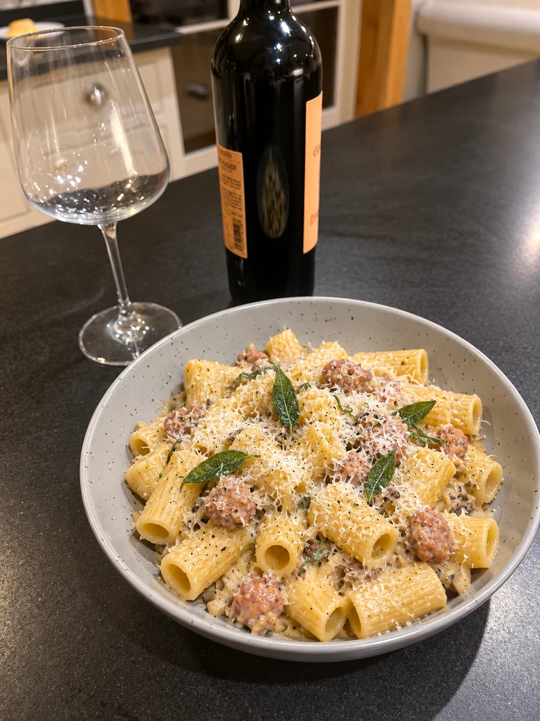 Mushroom and sausage rigatoni with Parmesan and sage in a grey bowl on the black kitchen worktop