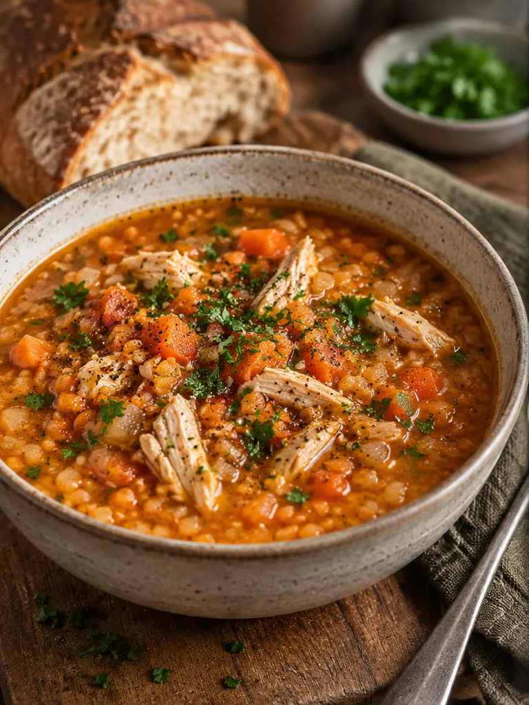 A bowl of chicken and red lentil soup with carrot, parsley and shredded chicken