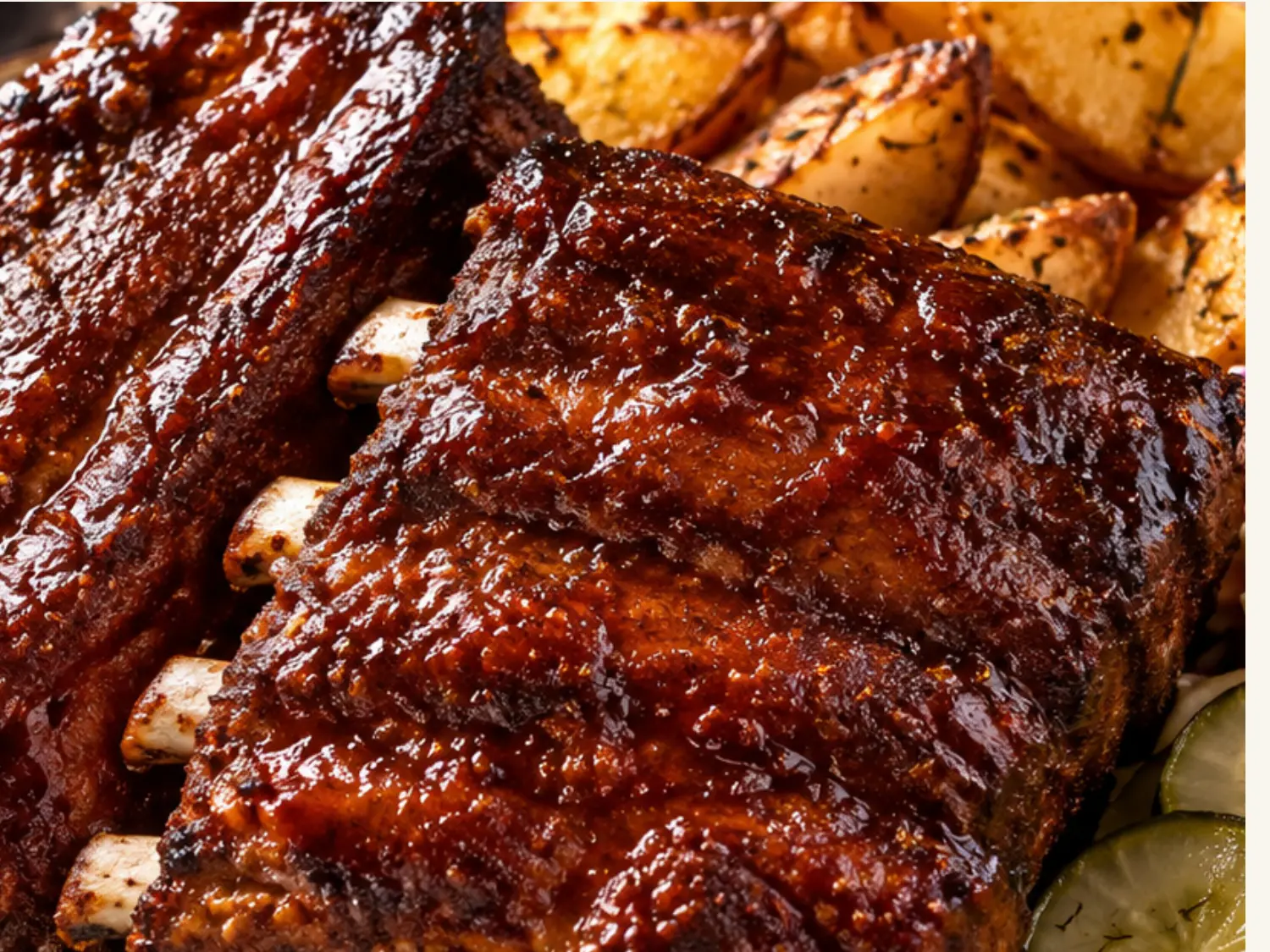 Glossy oven-barbecued baby back ribs with roast potatoes and pickled cucumber
