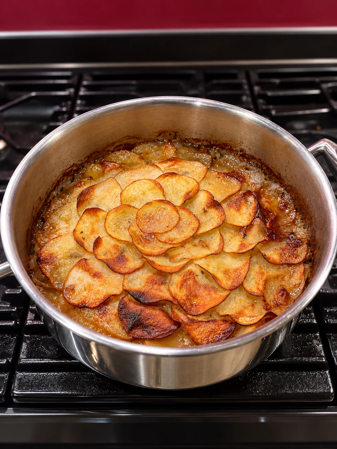 Boulangère potatoes with golden edges in a stainless steel pan on the kitchen range