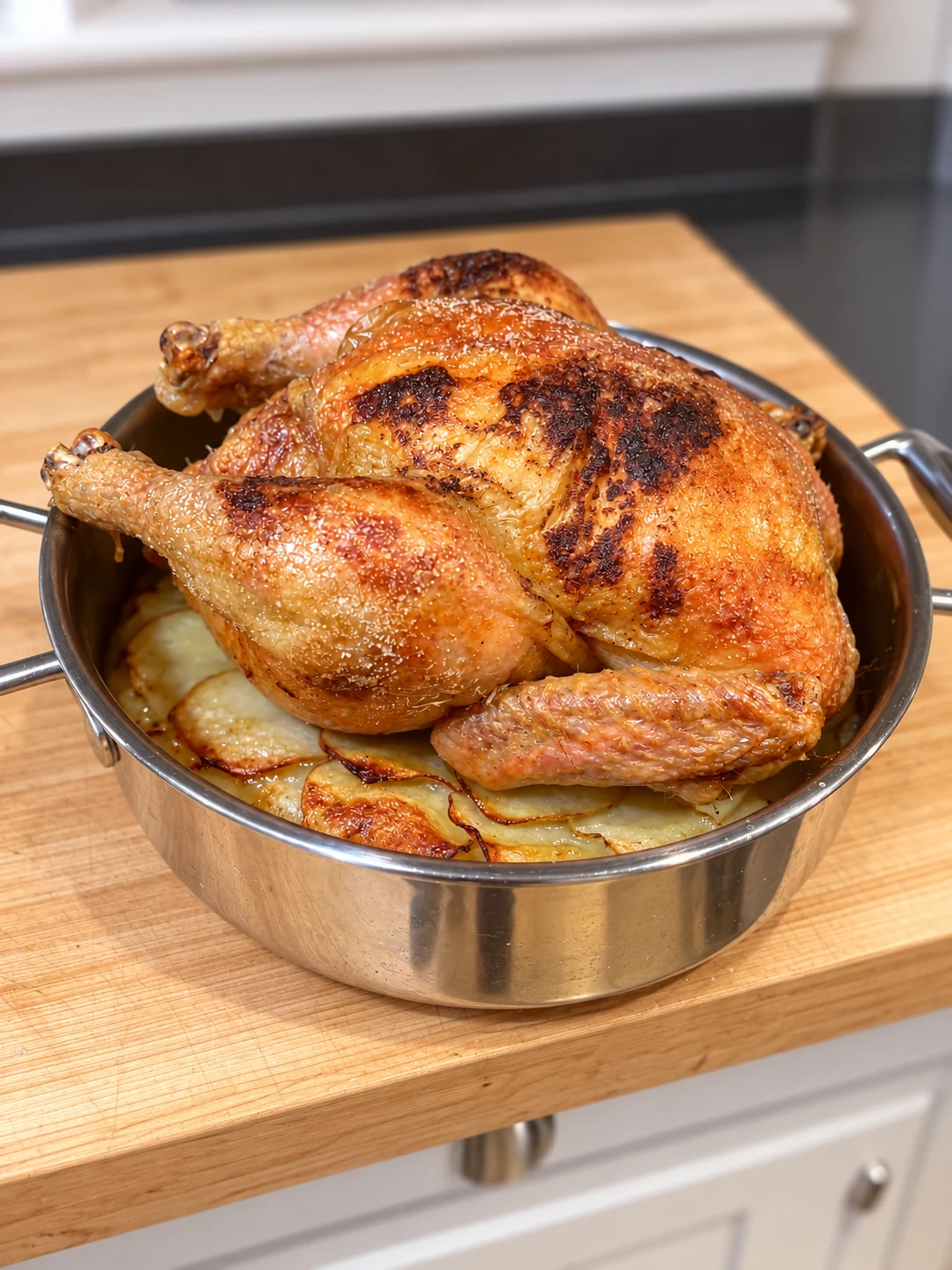 Roast chicken with boulangère potatoes