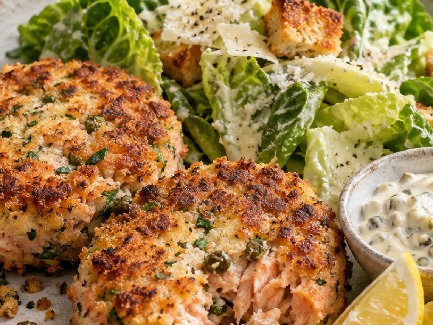 Golden salmon fishcakes with Caesar salad, tartare sauce and lemon wedges