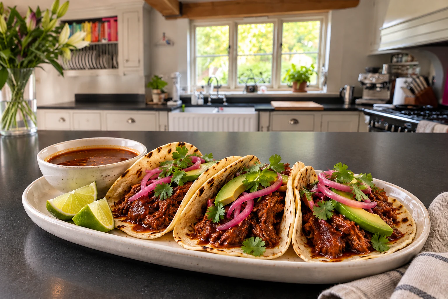 Shredded beef cheek tacos with pickled red onions, avocado and coriander, with a bowl of dipping sauce on the black kitchen island.