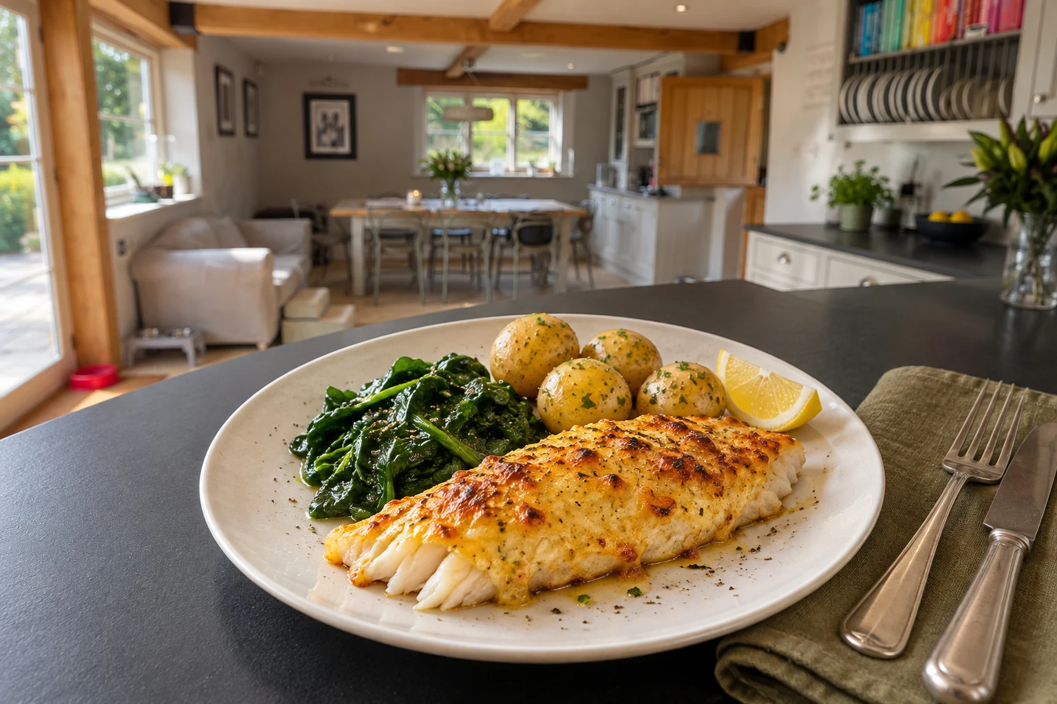 Smoked haddock with a golden rarebit topping, spinach, new potatoes and lemon on the kitchen island, facing the dining area and garden doors.
