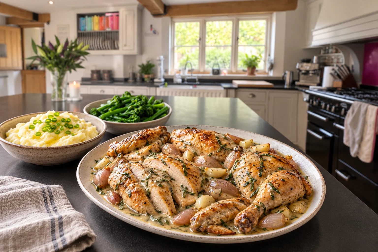 Carved tarragon braised chicken with shallots and garlic in a creamy sauce, with mash and greens on a kitchen island