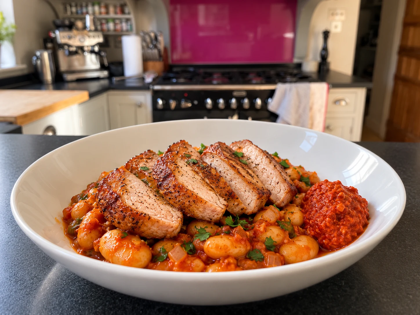 Sliced pork over smoky butter beans with romesco in a wide white bowl