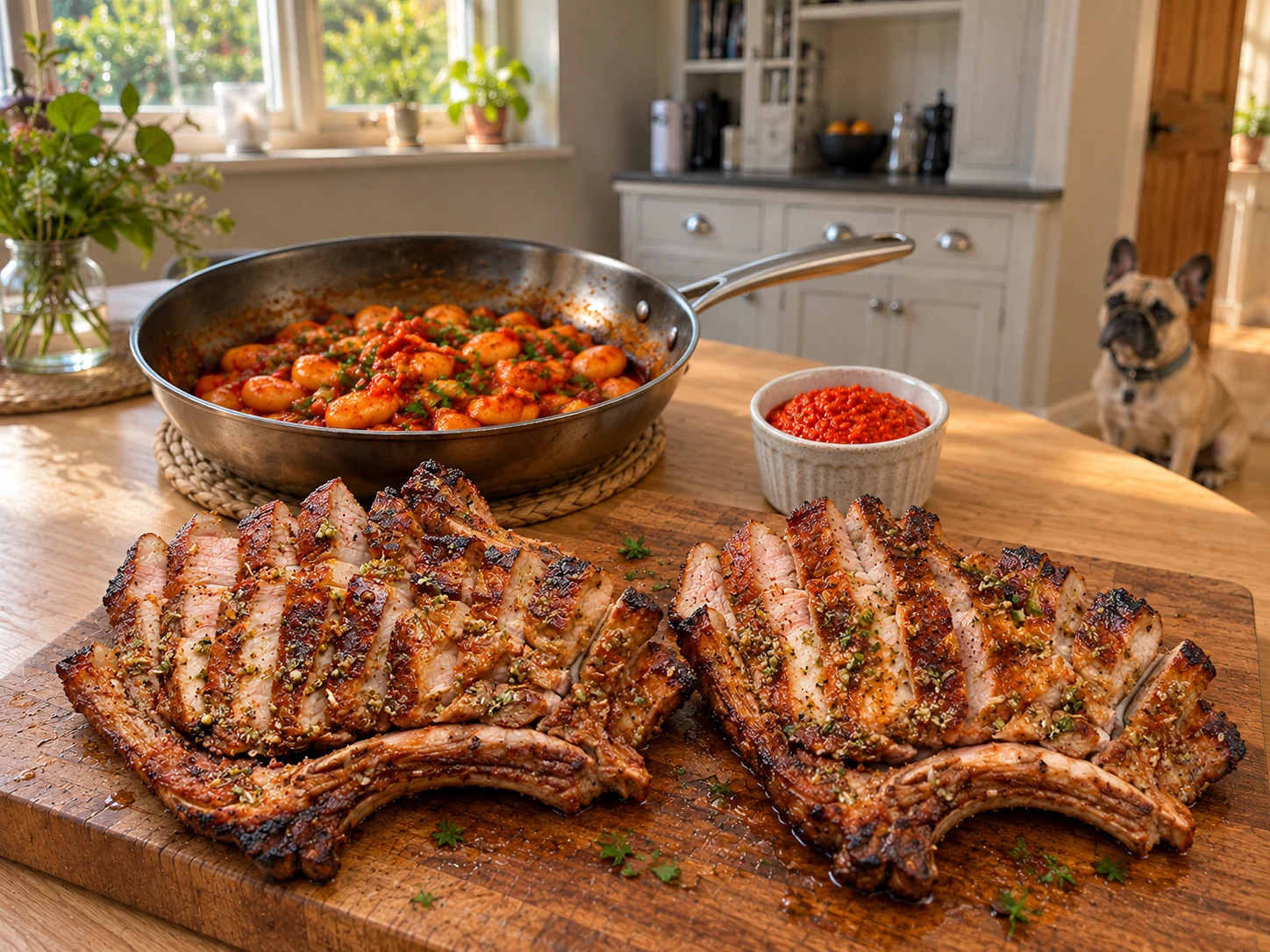 Two sliced bone-in pork chops on a wooden board with smoky butter beans in a frying pan and romesco alongside
