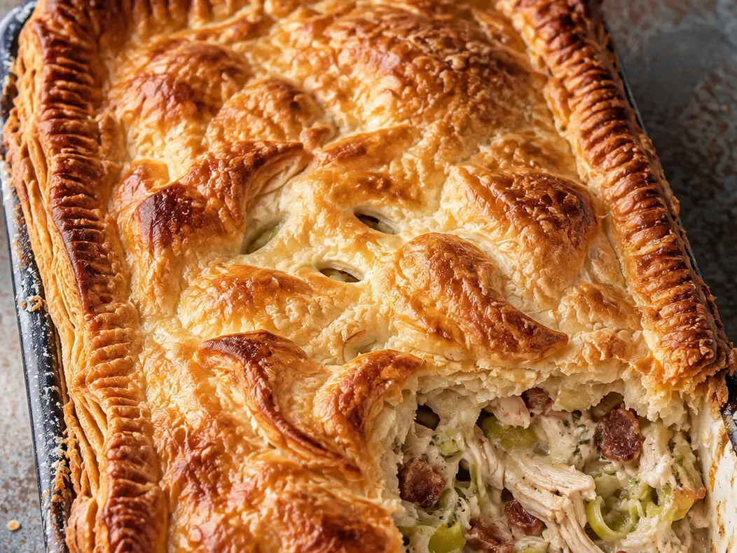 A rectangular chicken, bacon and leek pie decorated with pastry chickens and a serving removed